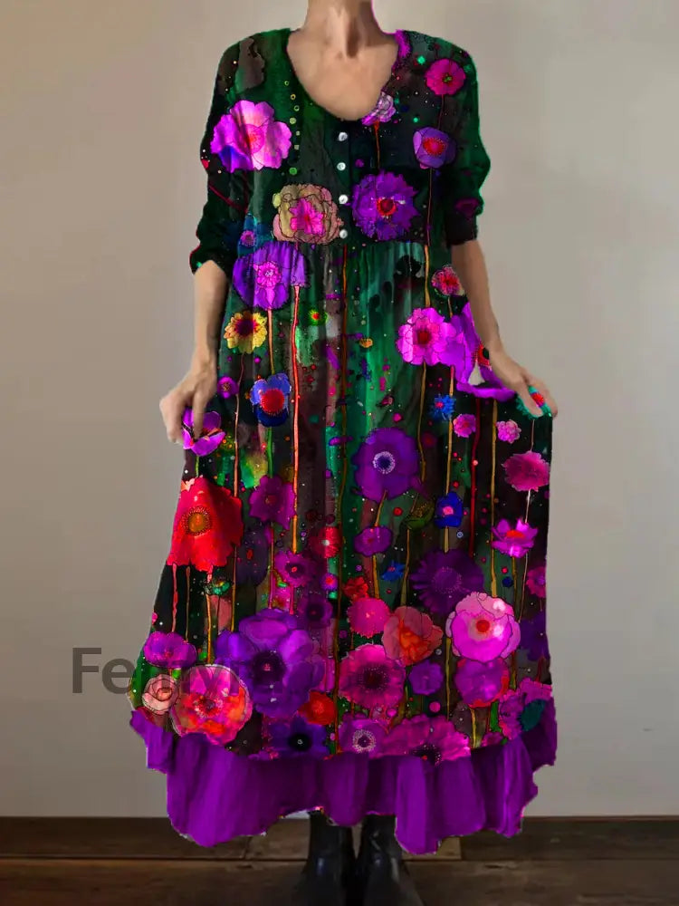 Vintage Round Neck Bohemian Floral Print Elegant Chic Loose Midi Dress A / S