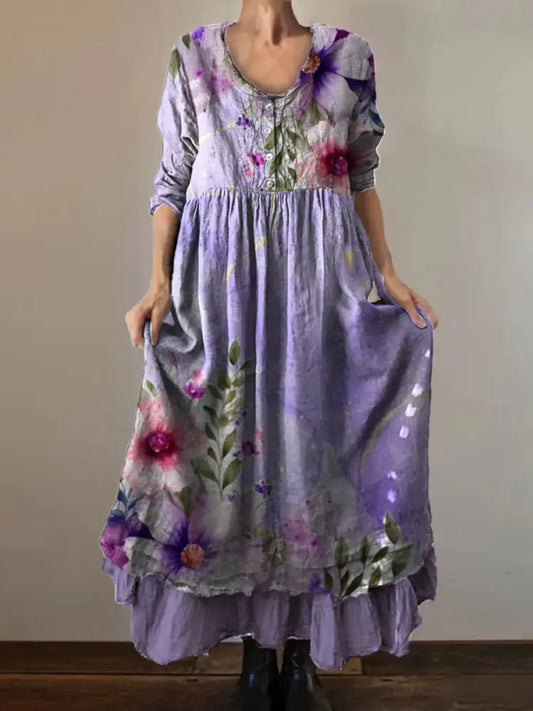 Vintage Round Neck Bohemian Floral Print Elegant Chic Loose Midi Dress A / S