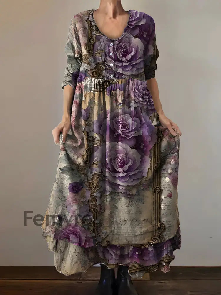 Vintage Round Neck Bohemian Floral Print Elegant Chic Loose Midi Dress A / S