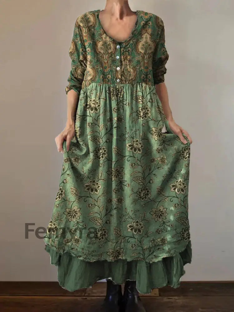 Vintage Round Neck Bohemian Floral Print Elegant Chic Loose Midi Dress A / S
