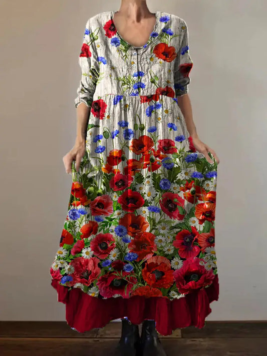 Vintage Round Neck Bohemian Floral Print Elegant Chic Loose Midi Dress A / S