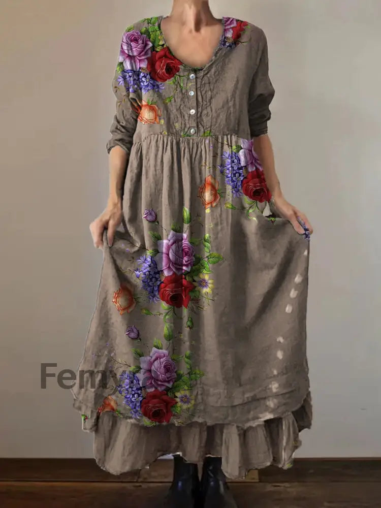 Vintage Round Neck Bohemian Floral Print Elegant Chic Loose Midi Dress A / S