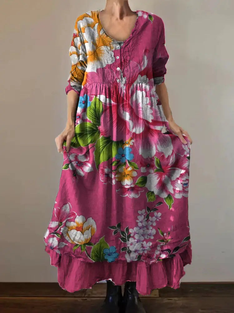 Vintage Round Neck Bohemian Floral Print Elegant Chic Loose Midi Dress A / S