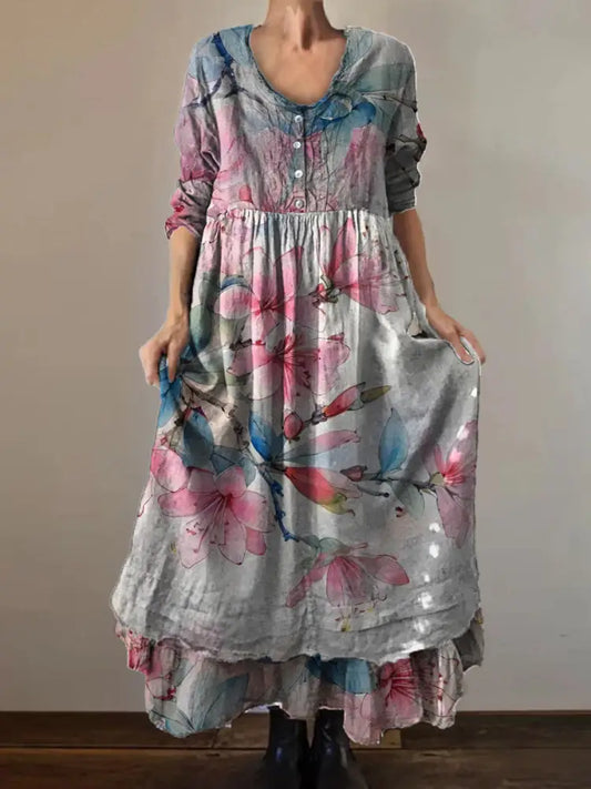 Vintage Round Neck Bohemian Floral Print Elegant Chic Loose Midi Dress A / S