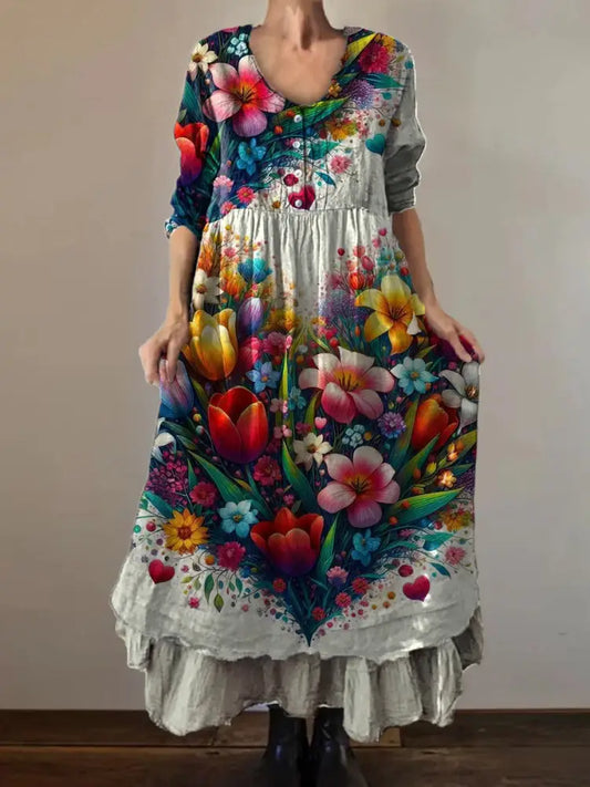 Vintage Round Neck Bohemian Floral Print Elegant Chic Loose Midi Dress A / S