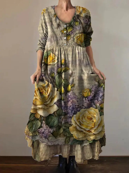 Vintage Round Neck Bohemian Floral Print Elegant Chic Loose Midi Dress A / S