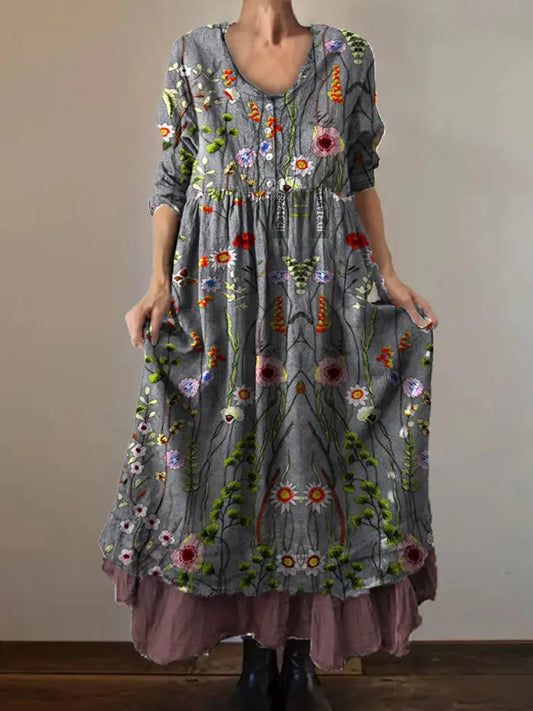 Vintage Round Neck Bohemian Floral Print Elegant Chic Loose Midi Dress A / S