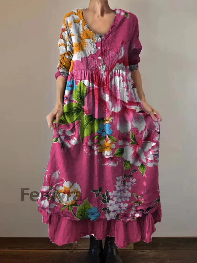 Vintage Round Neck Bohemian Floral Print Elegant Chic Loose Midi Dress A / S