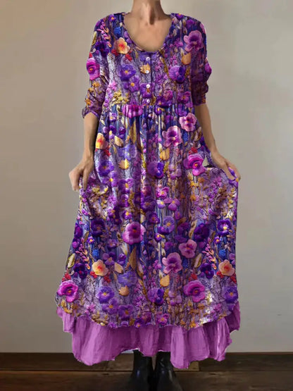 Vintage Round Neck Bohemian Floral Print Elegant Chic Loose Midi Dress A / S