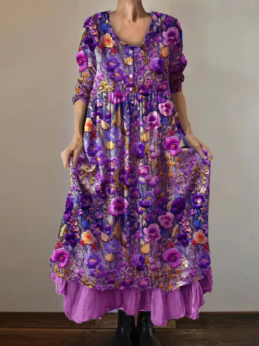 Vintage Round Neck Bohemian Floral Print Elegant Chic Loose Midi Dress A / S