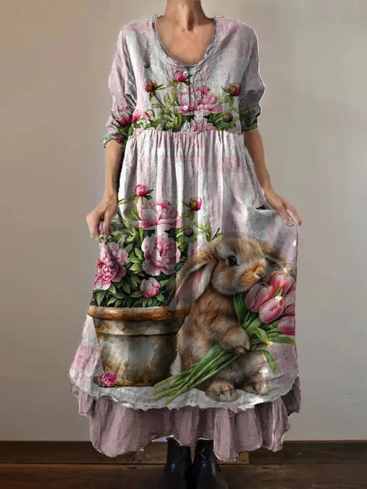 Vintage Round Neck Bohemian Floral Print Elegant Chic Loose Midi Dress A / S