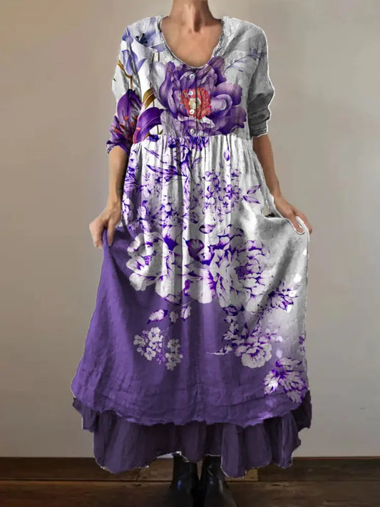 Vintage Round Neck Bohemian Floral Print Elegant Chic Loose Midi Dress A / S
