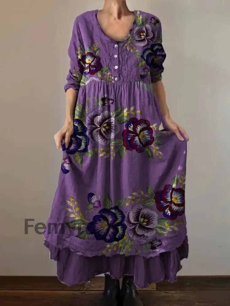 Vintage Round Neck Bohemian Floral Print Elegant Chic Loose Midi Dress A / S