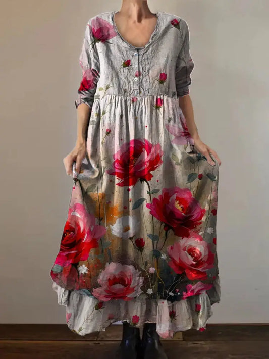 Vintage Round Neck Bohemian Floral Print Elegant Chic Loose Midi Dress A / S