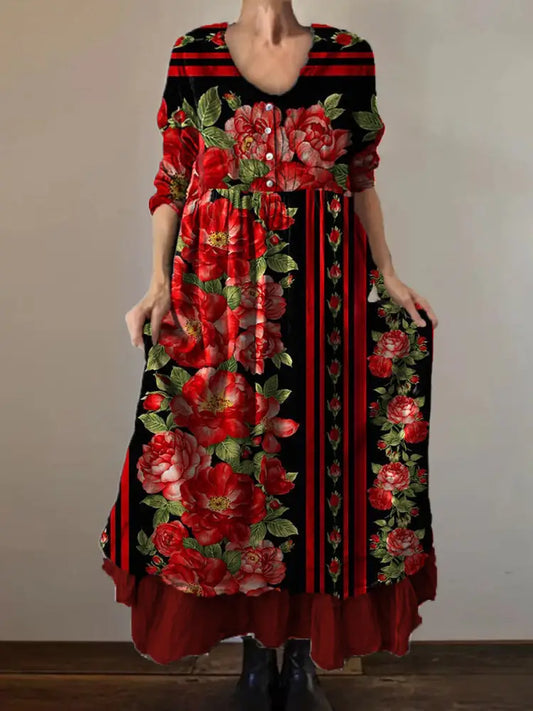 Vintage Round Neck Bohemian Floral Print Elegant Chic Loose Midi Dress A / S