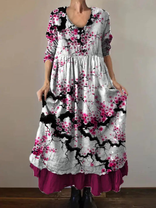 Vintage Round Neck Bohemian Floral Print Elegant Chic Loose Midi Dress A / S