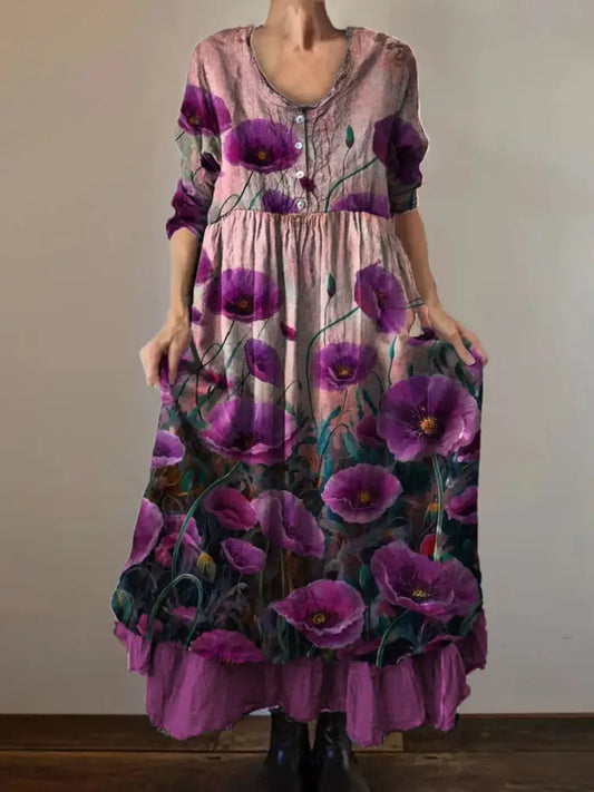 Vintage Round Neck Bohemian Floral Print Elegant Chic Loose Midi Dress A / S