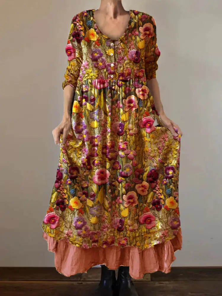 Vintage Round Neck Bohemian Floral Print Elegant Chic Loose Midi Dress B / S