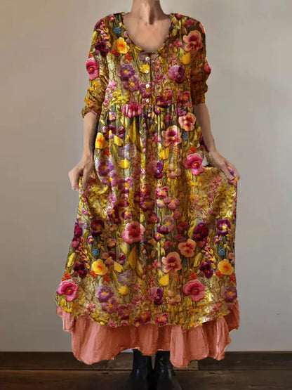 Vintage Round Neck Bohemian Floral Print Elegant Chic Loose Midi Dress B / S