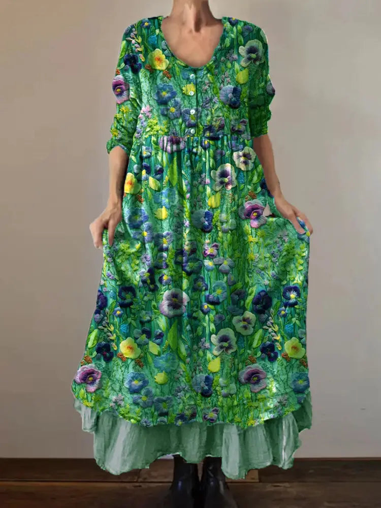 Vintage Round Neck Bohemian Floral Print Elegant Chic Loose Midi Dress C / S