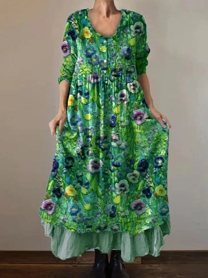 Vintage Round Neck Bohemian Floral Print Elegant Chic Loose Midi Dress C / S