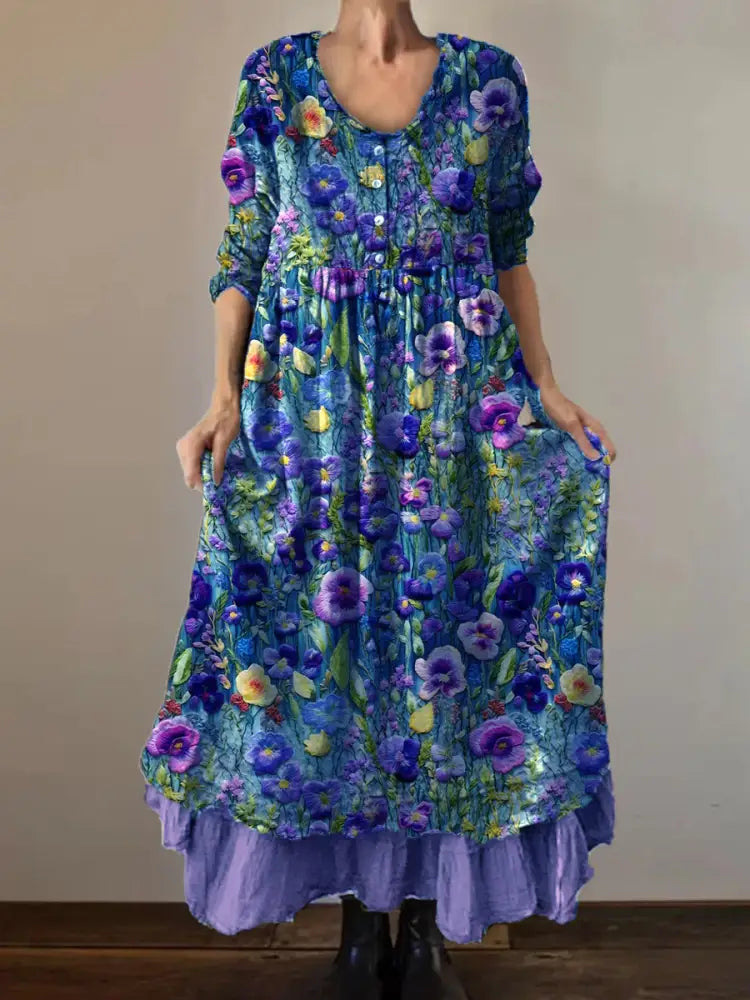 Vintage Round Neck Bohemian Floral Print Elegant Chic Loose Midi Dress D / S