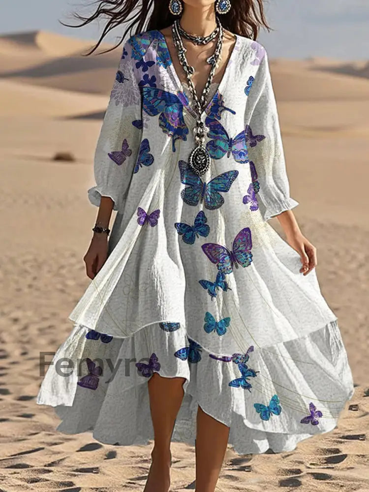 Vintage V-neck Bohemian Butterfly Print Elegant Chic Loose Midi Dress A / S
