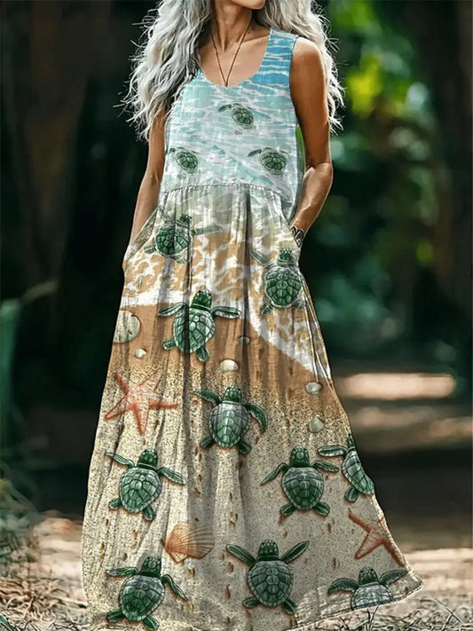 Vintage V-neck Bohemian Ocean turtle Print Elegant Chic Loose Midi Dress A / S