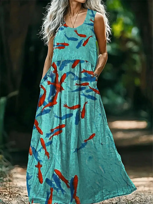 Vintage V-neck Bohemian Fish Print Elegant Chic Loose Midi Dress A / S