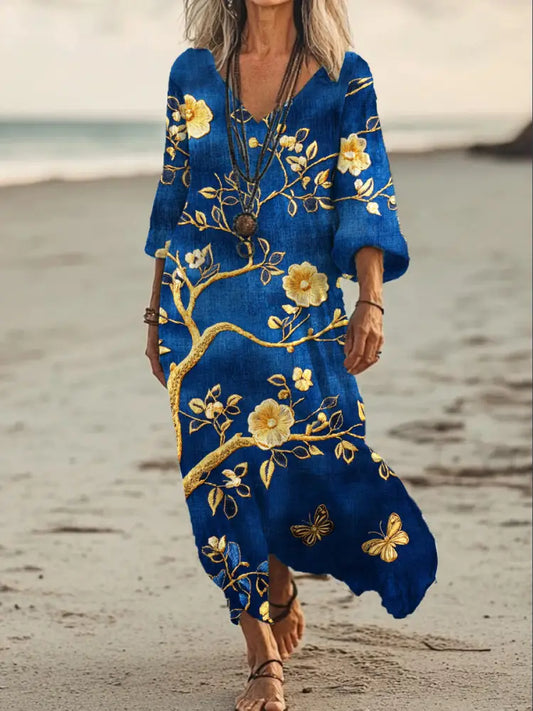 Vintage V-neck Bohemian Floral Print Elegant Chic Loose Midi Dress A / S