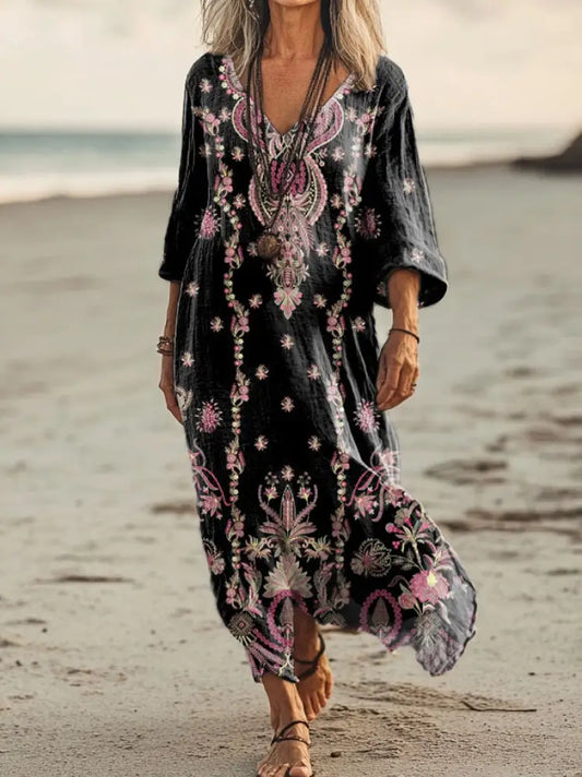 Vintage V-neck Bohemian Floral Print Elegant Chic Loose Midi Dress A / S