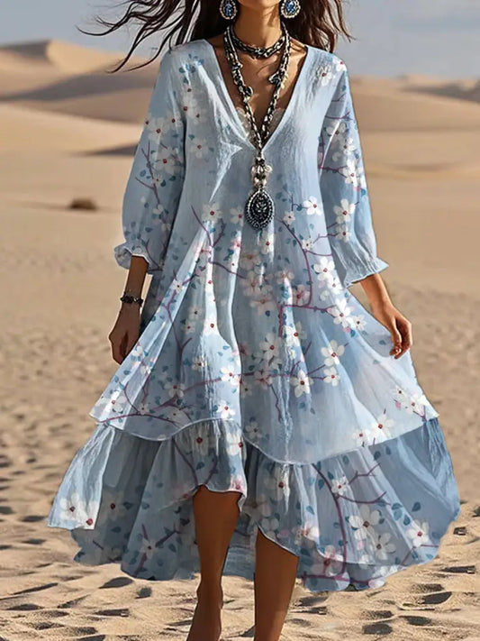 Vintage V-neck Bohemian Floral Print Elegant Chic Loose Midi Dress A / S