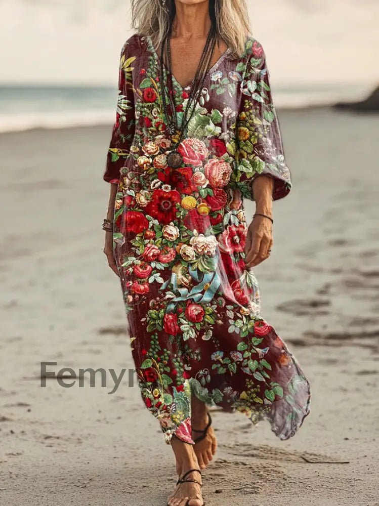 Vintage V-neck Bohemian Floral Print Elegant Chic Loose Midi Dress A / S
