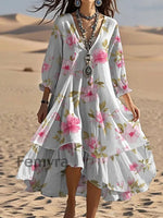 Vintage V-neck Bohemian Floral Print Elegant Chic Loose Midi Dress A / S