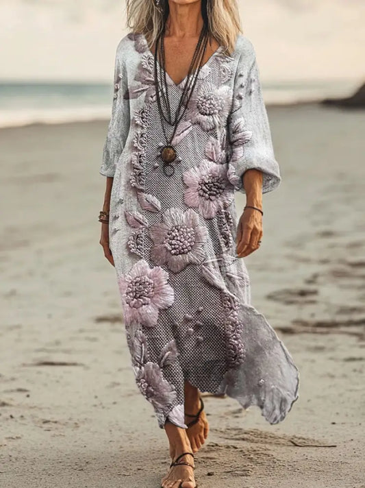 Vintage V-neck Bohemian Floral Print Elegant Chic Loose Midi Dress A / S