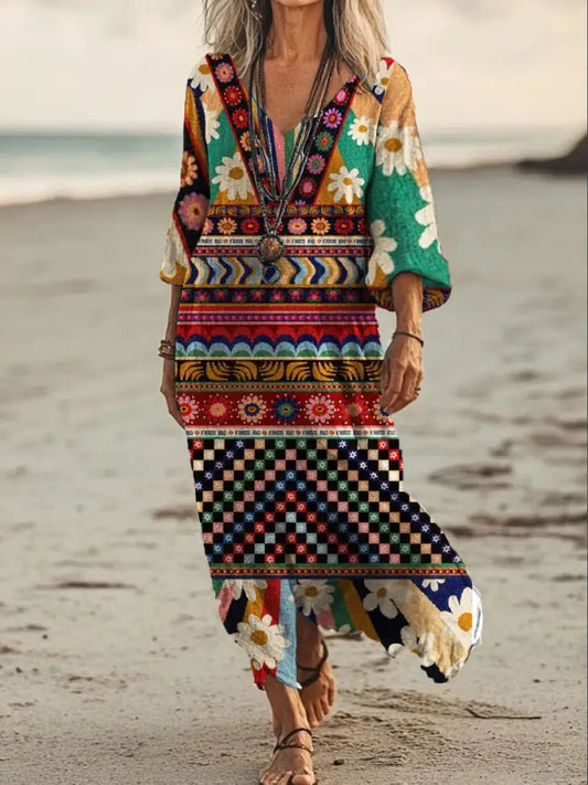 Vintage V-neck Bohemian Floral Print Elegant Chic Loose Midi Dress A / S