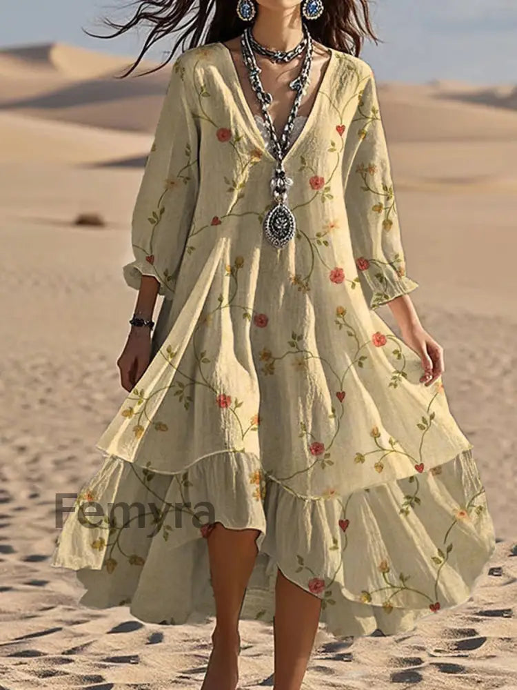 Vintage V-neck Bohemian Floral Print Elegant Chic Loose Midi Dress A / S