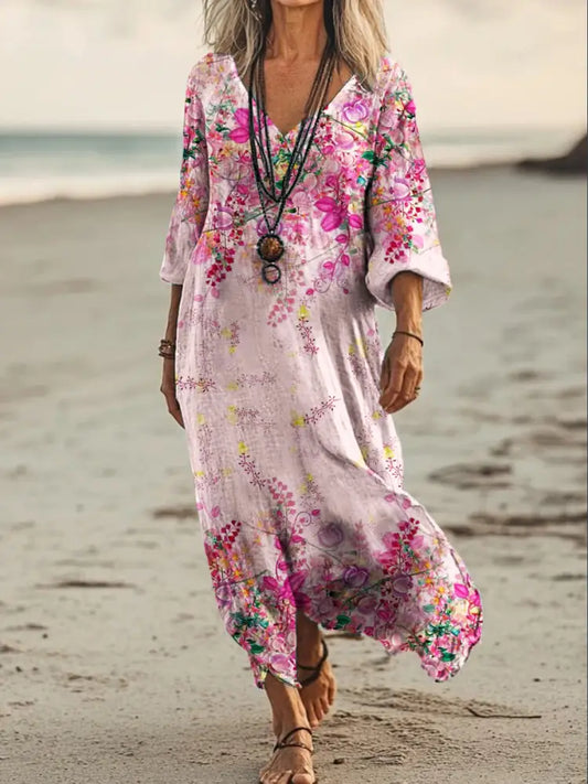 Vintage V-neck Bohemian Floral Print Elegant Chic Loose Midi Dress A / S