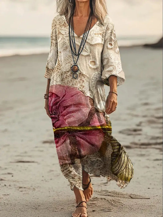 Vintage V-neck Bohemian Floral Print Elegant Chic Loose Midi Dress A / S