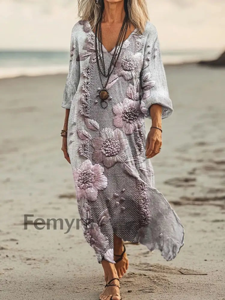 Vintage V-neck Bohemian Floral Print Elegant Chic Loose Midi Dress A / S