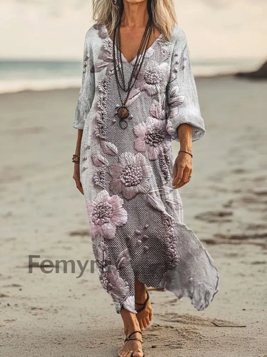 Vintage V-neck Bohemian Floral Print Elegant Chic Loose Midi Dress A / S