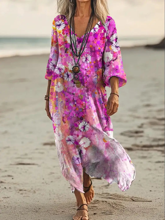 Vintage V-neck Bohemian Floral Print Elegant Chic Loose Midi Dress A / S
