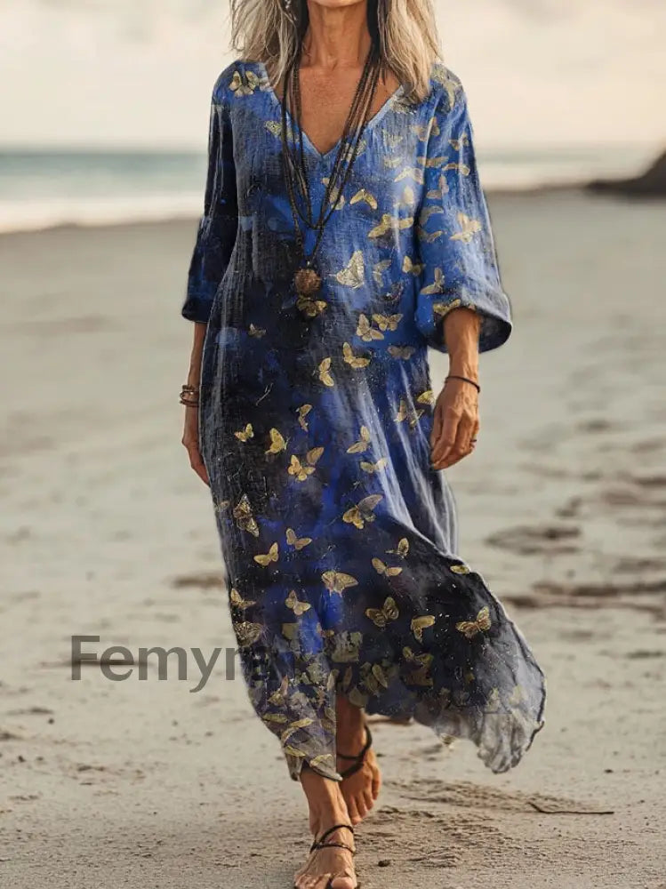 Vintage V-neck Bohemian Floral Print Elegant Chic Loose Midi Dress A / S