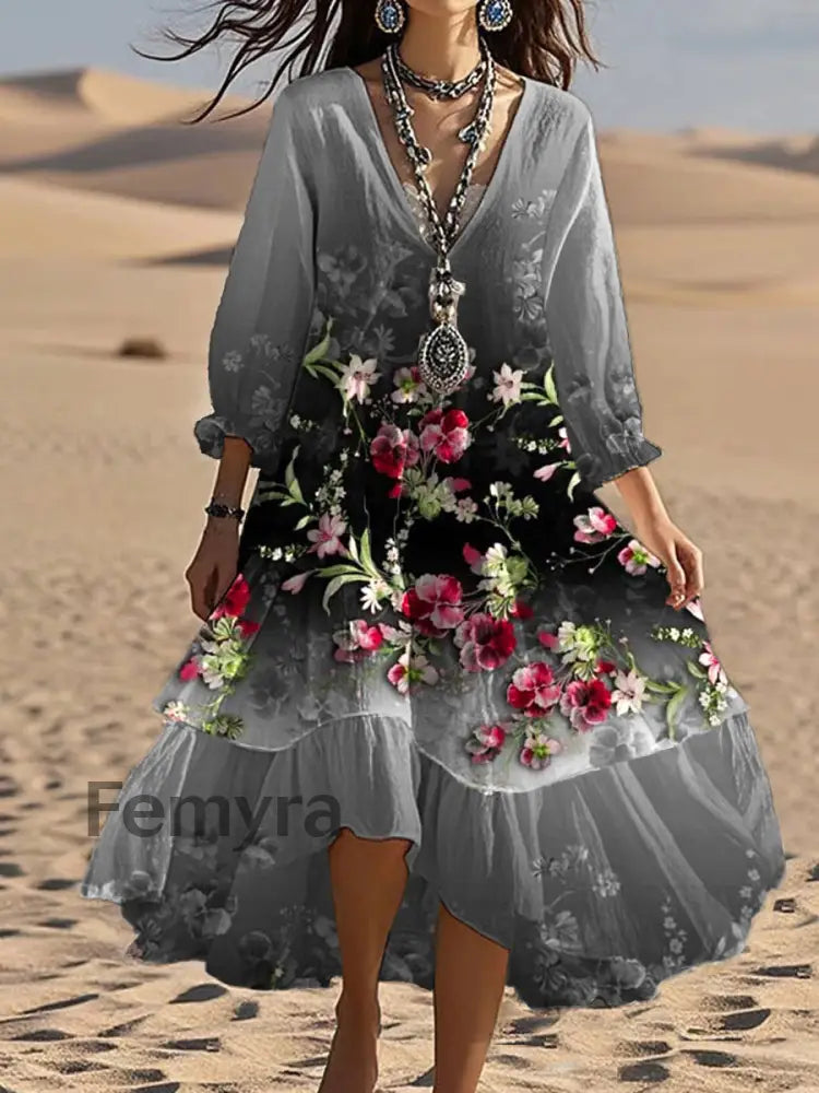 Vintage V-neck Bohemian Floral Print Elegant Chic Loose Midi Dress A / S