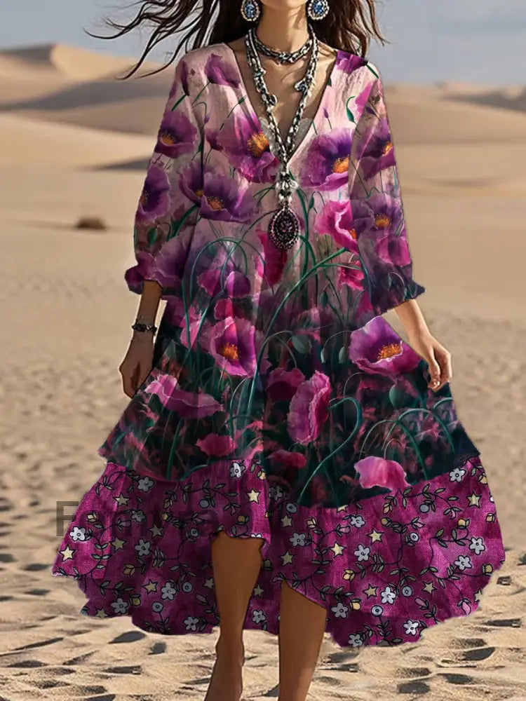Vintage V-neck Bohemian Floral Print Elegant Chic Loose Midi Dress A / S