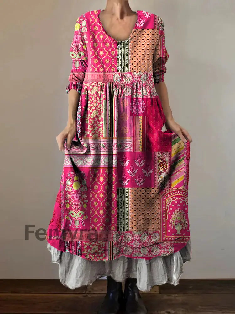 Vintage V-neck Bohemian Floral Print Elegant Chic Loose Midi Dress A / S