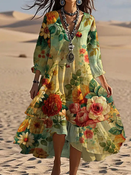 Vintage V-neck Bohemian Floral Print Elegant Chic Loose Midi Dress A / S