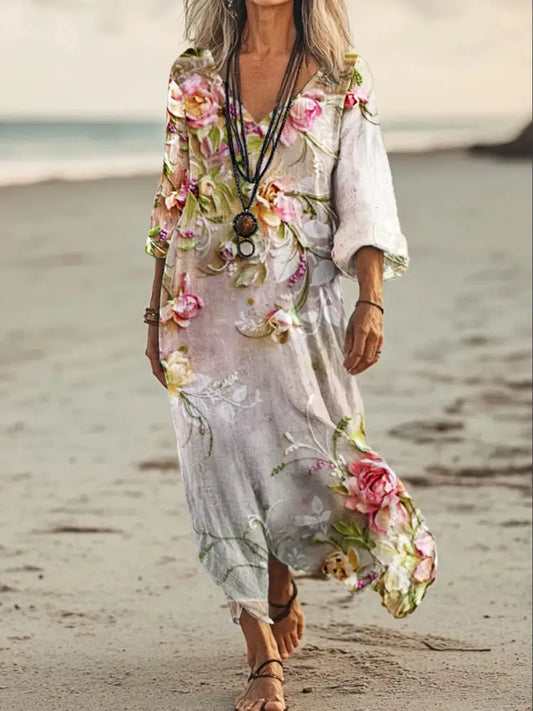 Vintage V-neck Bohemian Floral Print Elegant Chic Loose Midi Dress A / S