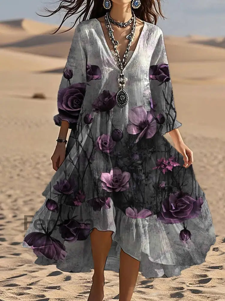 Vintage V-neck Bohemian Floral Print Elegant Chic Loose Midi Dress A / S