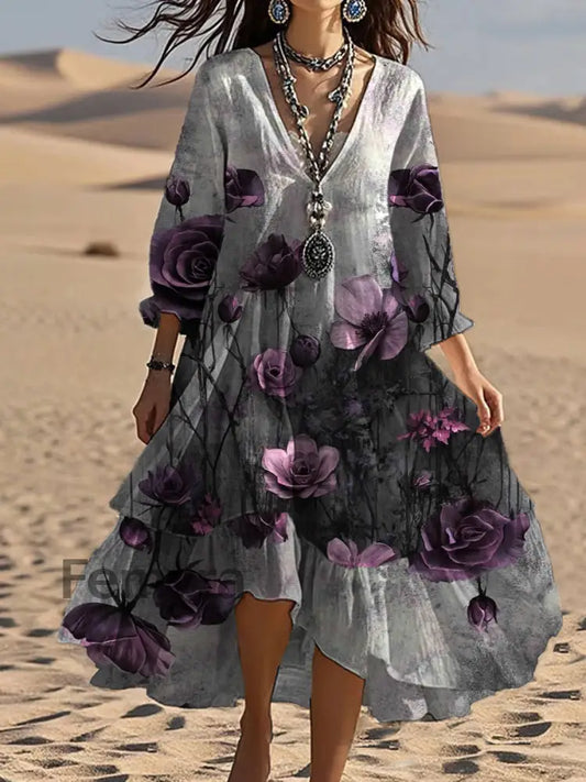 Vintage V-neck Bohemian Floral Print Elegant Chic Loose Midi Dress A / S